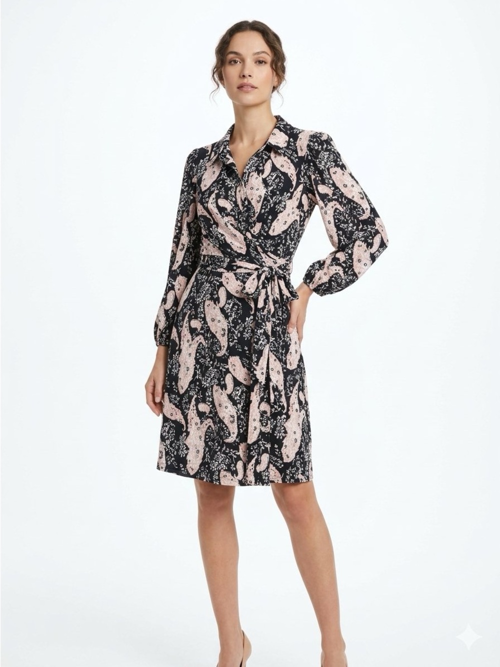 Vince Camuto Navy and Blush Pink Paisley Faux Wrap Midi Dress Size 4